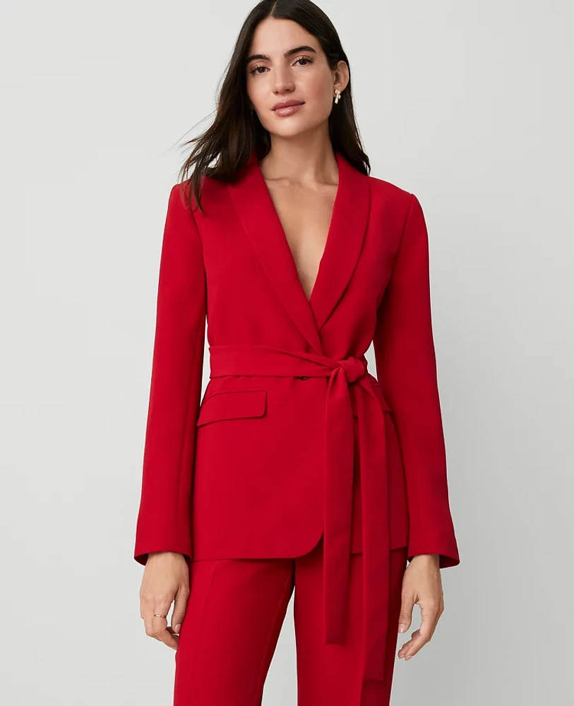 Ann Taylor The Petite Belted Shawl-Collar Blazer in Fluid Crepe Size 6 Gingham Red Women's