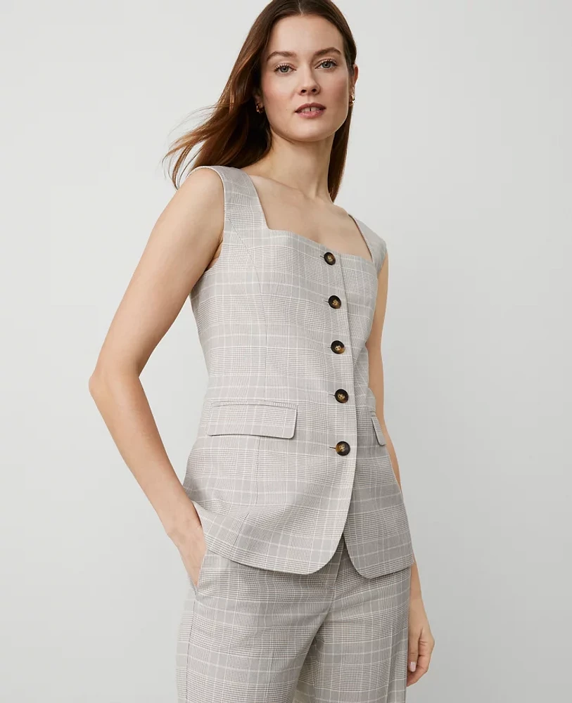 Ann Taylor Plaid Square Neck Vest Cashew Beige Women's