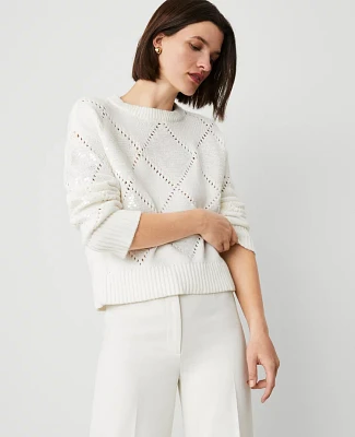 Ann Taylor Petite Sequin Argyle Sweater Winter White Women's