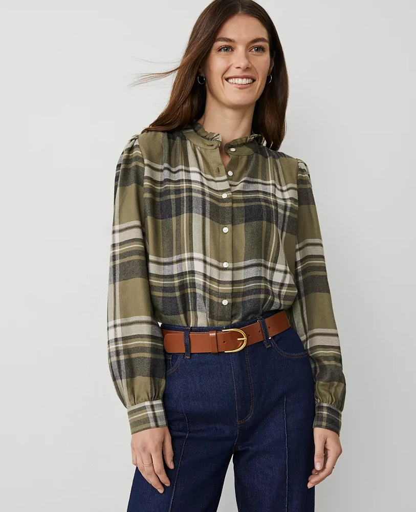 Ann Taylor Petite Weekend Collection Plaid Ruffle Neck Flannel Shirt Olive Multi Women's