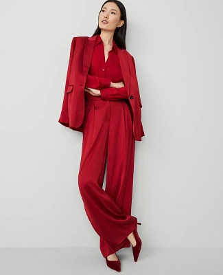 Ann Taylor The Petite Dramatic Wide-Leg Satin Pant Gingham Red Women's