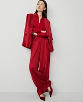 Ann Taylor The Petite Dramatic Wide-Leg Satin Pant Gingham Red Women's