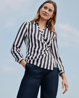 Ann Taylor Striped Collared Wrap Blouse Night Sky Women's