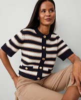 Ann Taylor Striped Textured Sweater Jacket Navy/White Women's