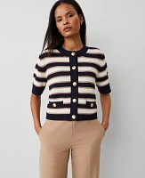 Ann Taylor Striped Textured Sweater Jacket Navy/White Women's