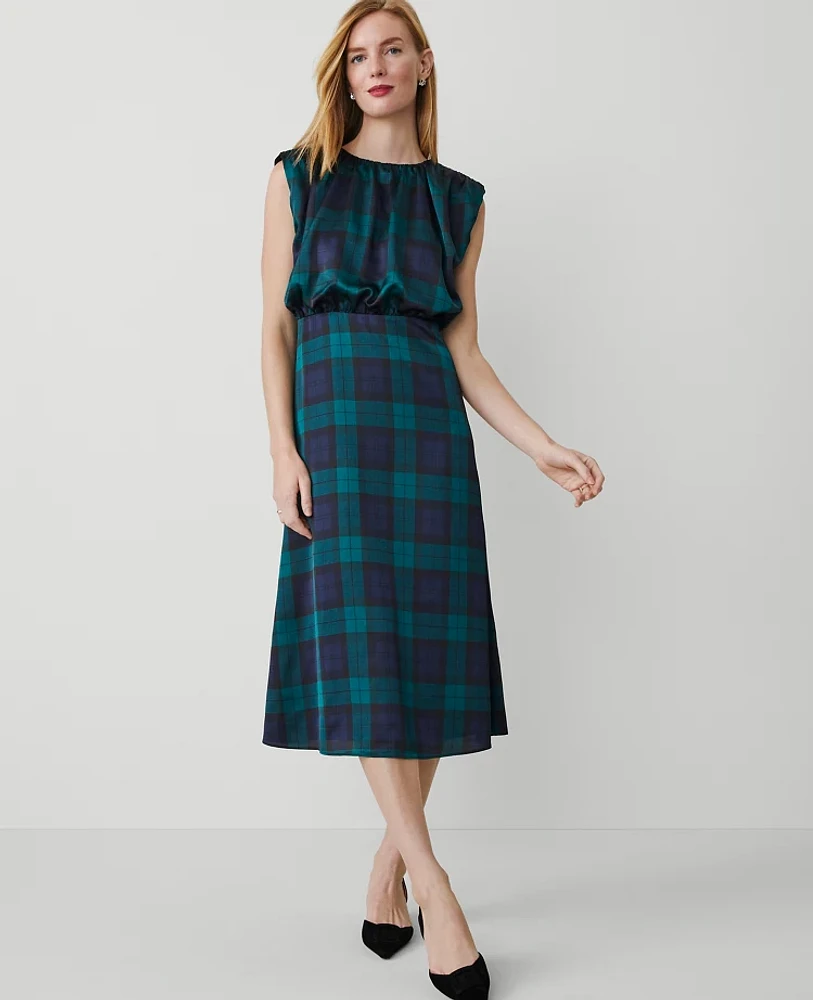 Ann Taylor Petite Tartan Cap Sleeve Midi Dress Rainforest Women's