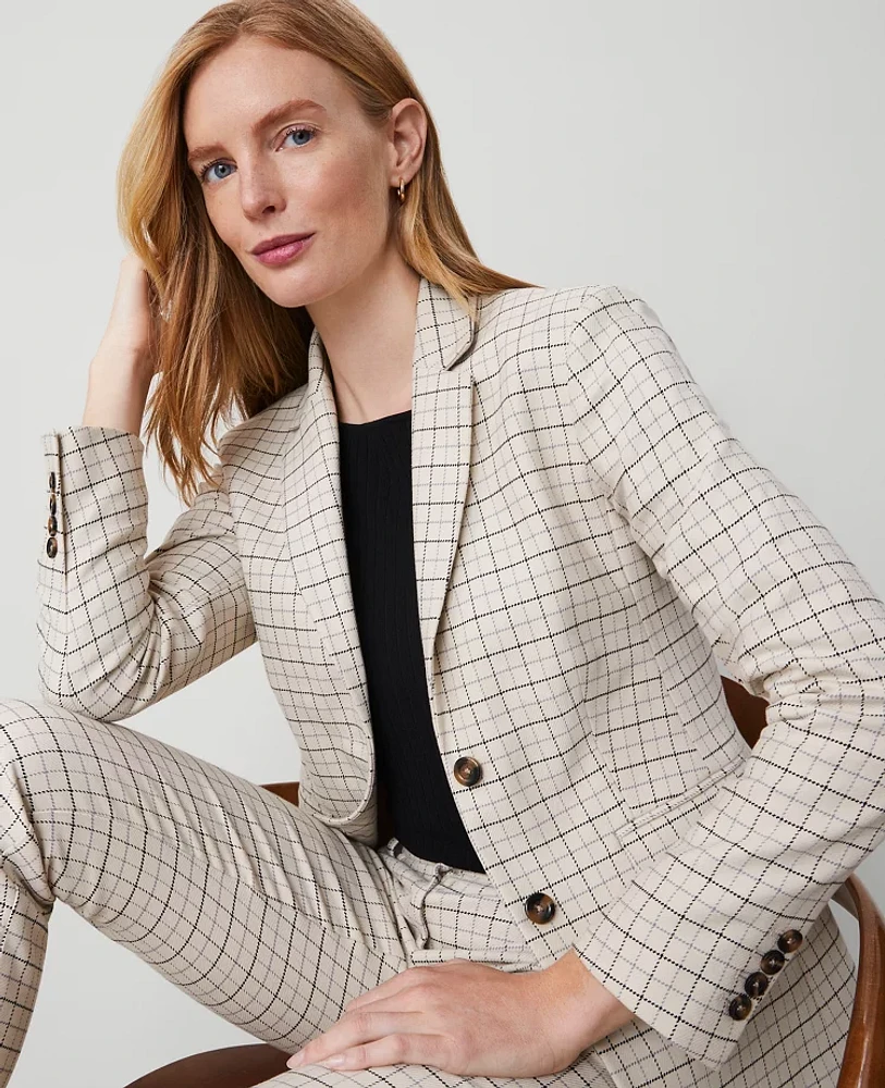 Ann Taylor The Petite Greenwich Blazer Plaid Stretch Cotton Ivory Combo Women's