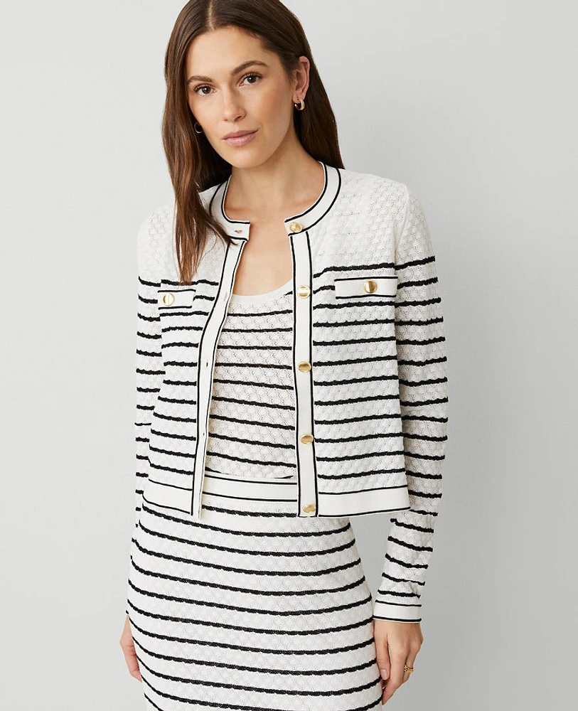 Ann Taylor Textured Striped Pocket Cardigan White/Black Multi Women's