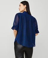 Ann Taylor Houndstooth Ruffle Collar Blouse Blue Women's