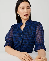 Ann Taylor Houndstooth Ruffle Collar Blouse Blue Women's