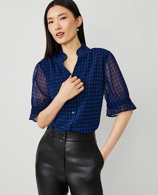 Ann Taylor Houndstooth Ruffle Collar Blouse Blue Women's