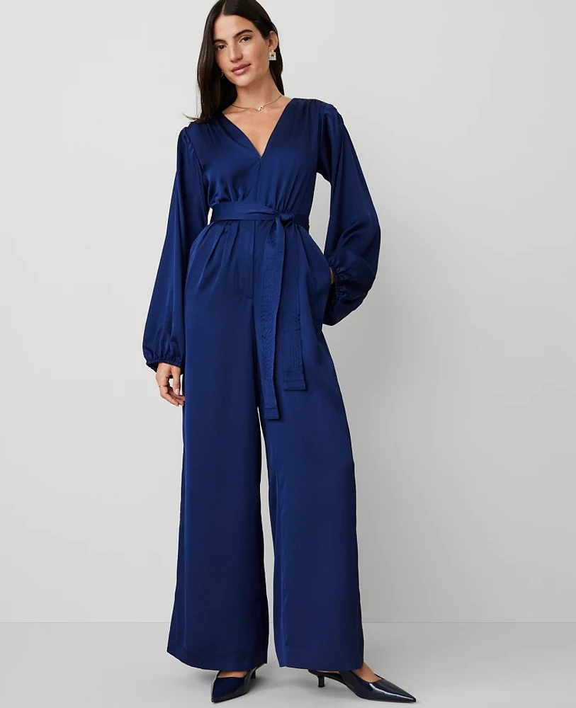 Ann Taylor V-Neck Long Sleeve Jumpsuit Dark Deep Ocean Women's