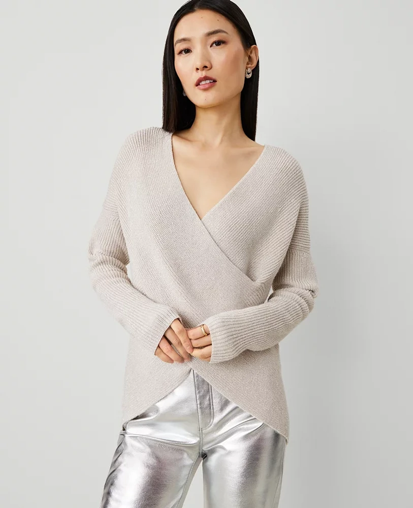 Ann Taylor Shimmer Ribbed Wrap Sweater Neutral Metallic Women's