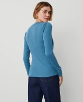 Ann Taylor Petite Puff Sleeve Henley Top Blue Women's