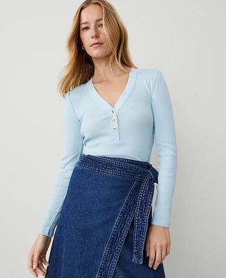 Ann Taylor Petite Weekend Collection Puff Sleeve Henley Top Blue Women's