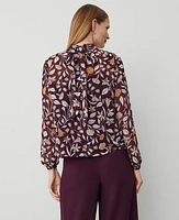 Ann Taylor Floral Popover Top Bow Blouse Purple Moon Women's