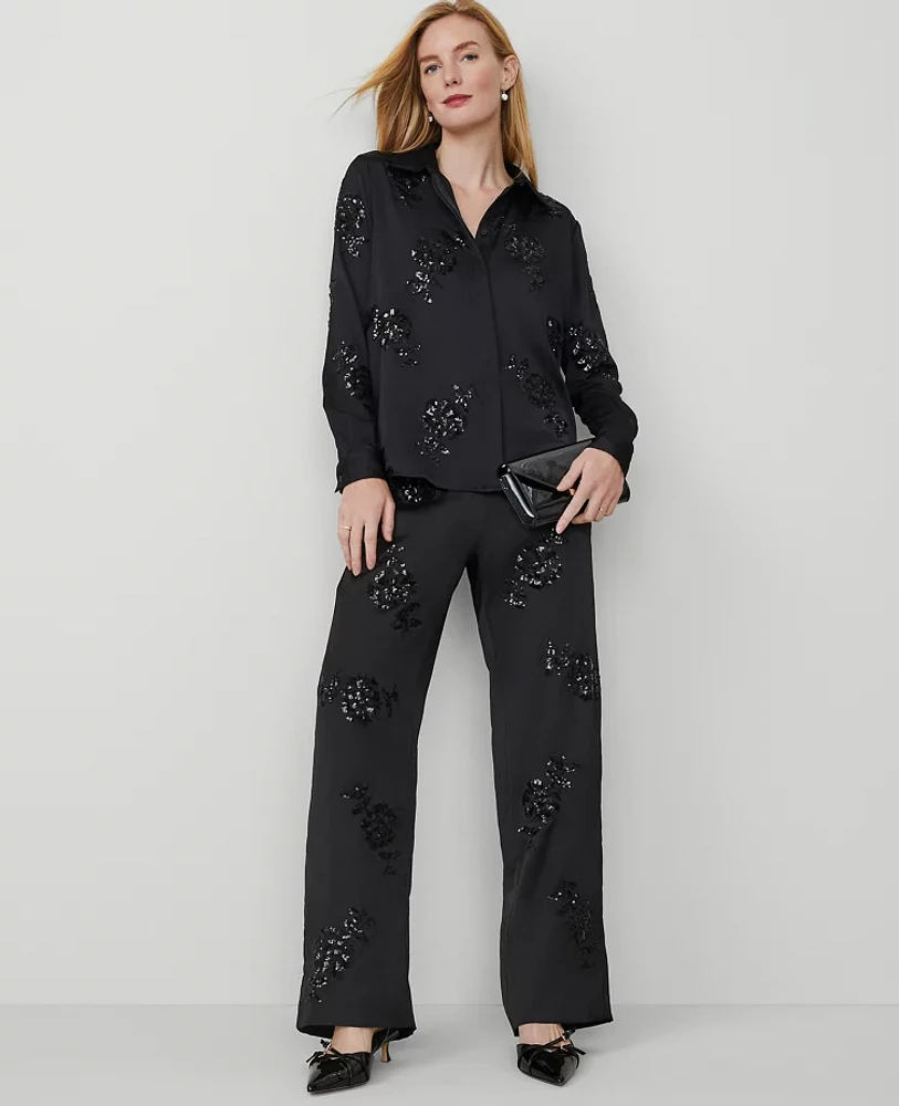 Ann Taylor The Straight Pant Floral Embellished Sequin Black Women's