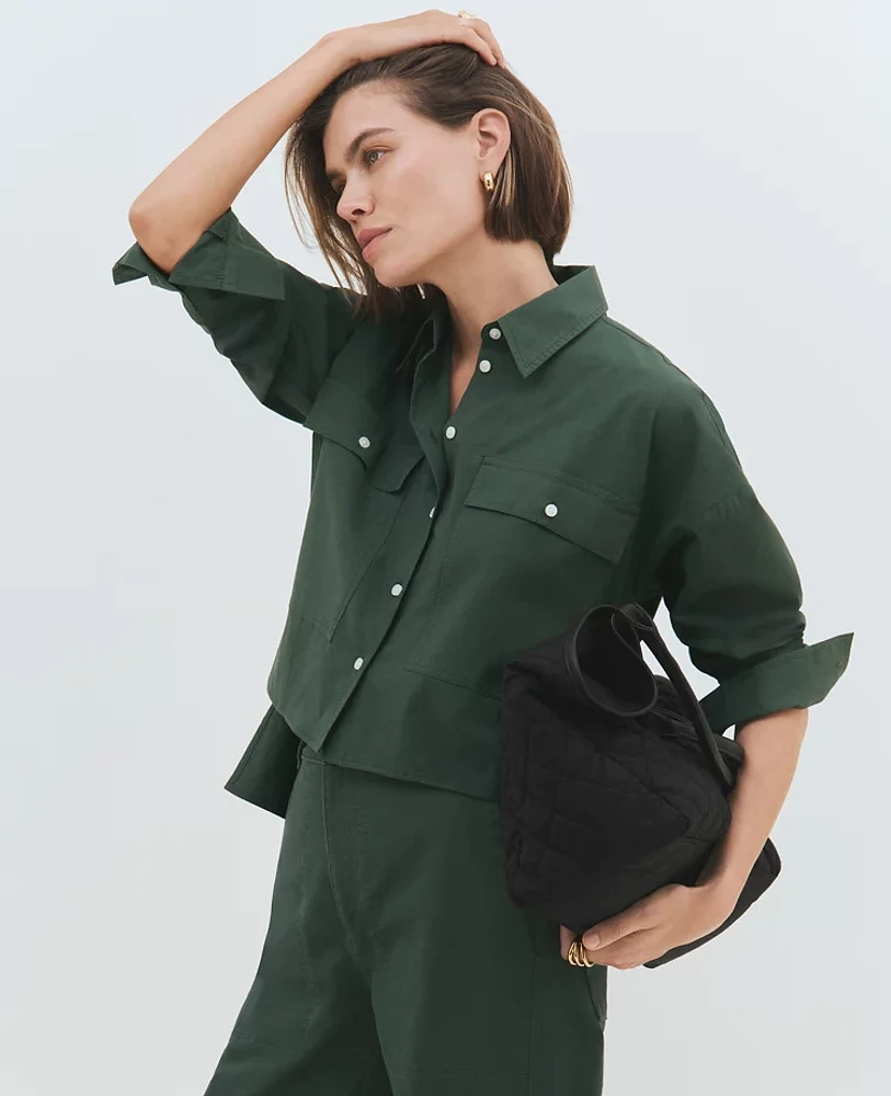 Ann Taylor Petite Oversized Cropped Pocket Shirt Dried Cilantro Women's