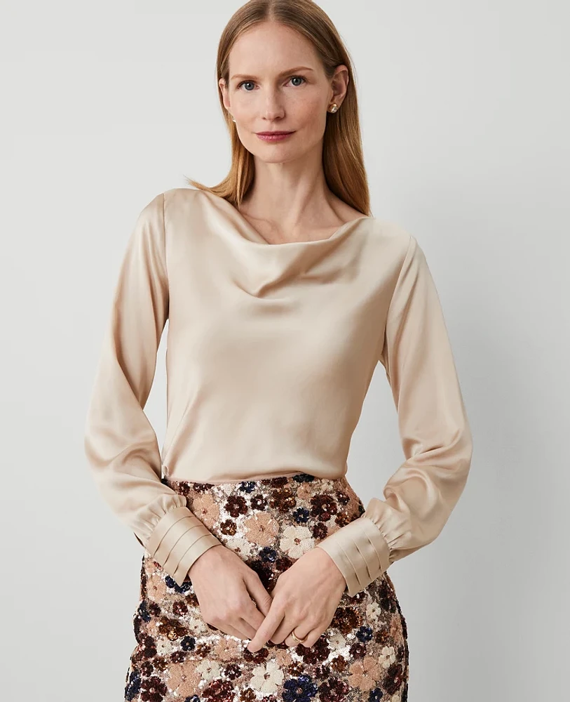 Ann Taylor Petite Satin Cowl Neck Blouse Toasted Oat Women's