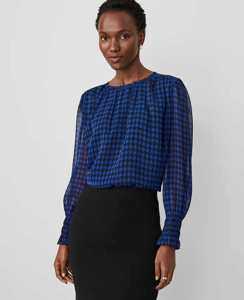 Ann Taylor Houndstooth Tweed Shirred Top Blue Women's