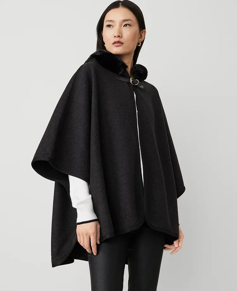 Ann Taylor Buckle Faux Fur Hooded Poncho Black Women's