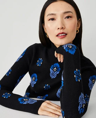 Ann Taylor Floral Jacquard Turtleneck Sweater Black Women's