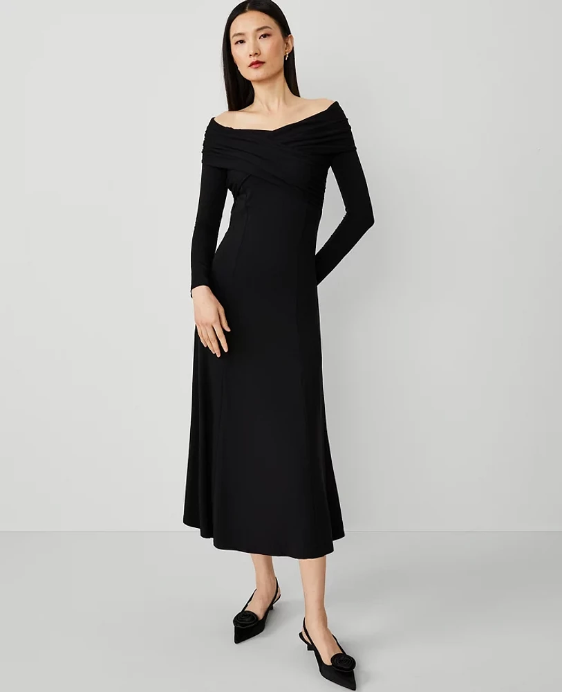 Ann Taylor Petite Twist Off The Shoulder Knit Midi Dress Black Women's