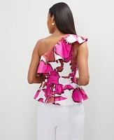 Ann Taylor Floral One-Shoulder Tie Waist Blouse Rose Violet Women's