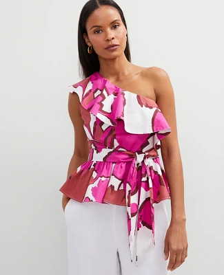 Ann Taylor Floral One-Shoulder Tie Waist Blouse Rose Violet Women's