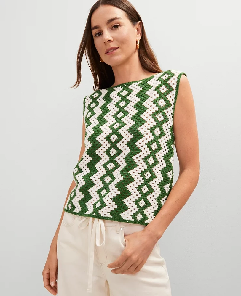 Ann Taylor Geo Crochet Sweater Shell Top Green/White Combo Women's