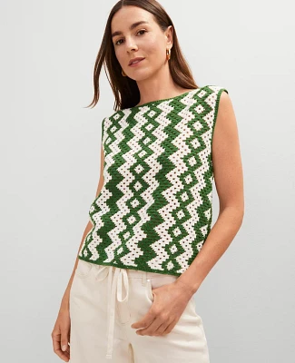 Ann Taylor Geo Crochet Sweater Shell Top Green/White Combo Women's