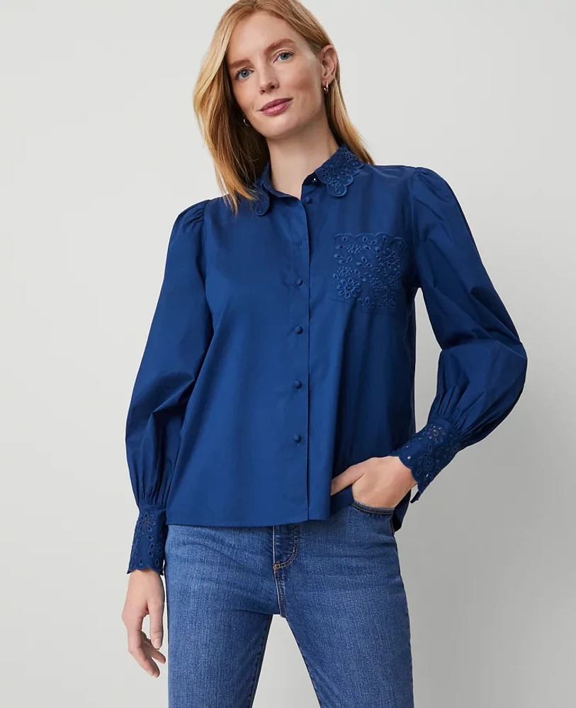 Ann Taylor Eyelet Embroidered Pocket Shirt Women's