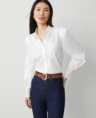Ann Taylor Eyelet Embroidered Pocket Shirt White Women's