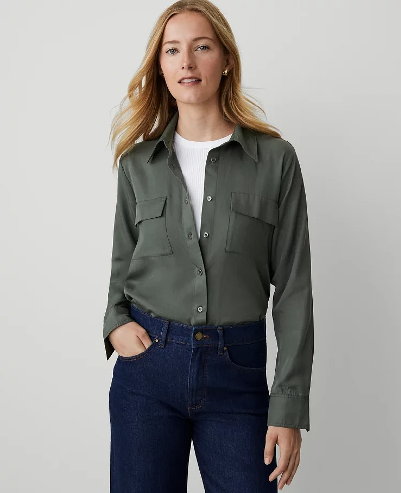 Ann Taylor Petite Weekend Collection Pocket Shirt Dried Cilantro Women's