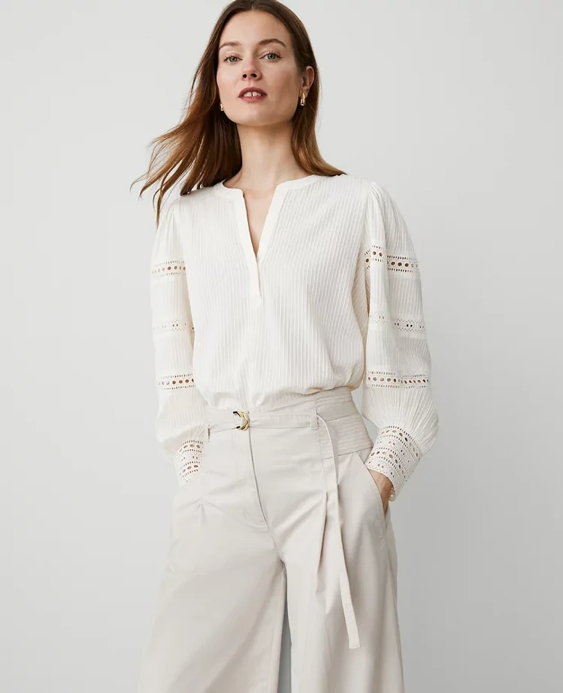 Ann Taylor Lace Trim Popover Top Winter White Women's