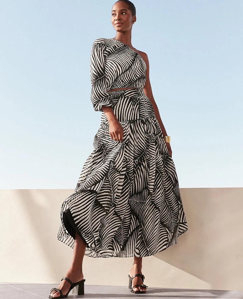 Ann Taylor Tiered Full Skirt Palm Print Black Women's