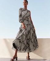 Ann Taylor Tiered Full Skirt Palm Print Black Women's