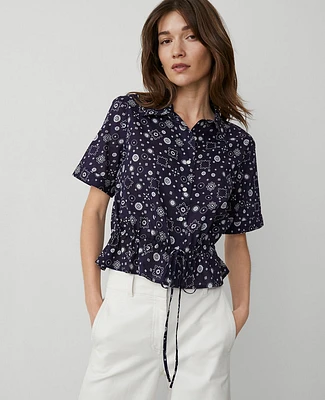 Ann Taylor Weekend Collection Floral Tie-Waist Peplum Shirt Night Sky Women's