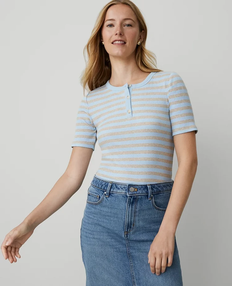 Ann Taylor Petite Striped Ribbed Henley Top Freesia Blue Women's