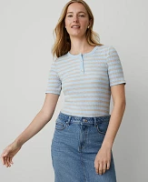 Ann Taylor Petite Striped Ribbed Henley Top Freesia Blue Women's