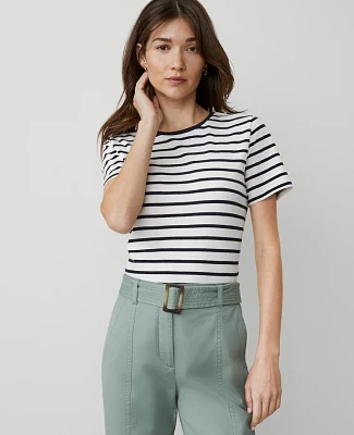 Ann Taylor Striped Crew Neck T-Shirt Winter White Women's