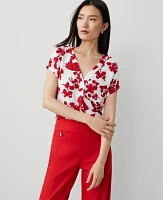 Ann Taylor Tropical Mixed Media Pleated Top Bright Cherry B Women's