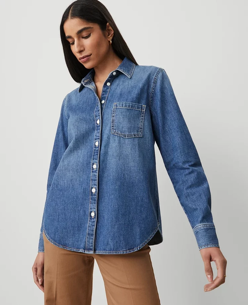 Ann Taylor Denim Pocket Shirt Classic Mid Wash Women's