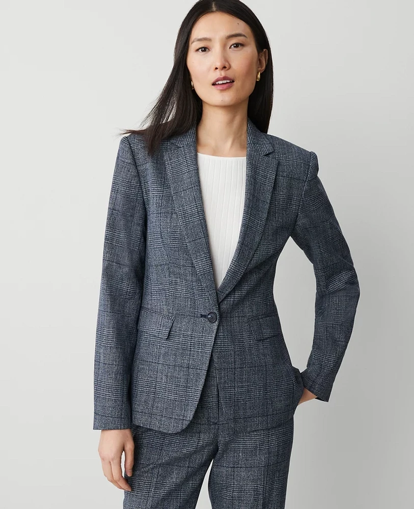 Ann Taylor The Notched One-Button Blazer Plaid Navy/White Combo Women's