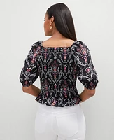 Ann Taylor Floral Square Neck Smocked Top Black Women's
