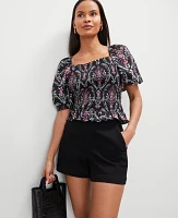 Ann Taylor Floral Square Neck Smocked Top Black Women's