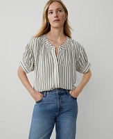 Ann Taylor Striped Puff-Sleeve Blouse Topiary Green Women's