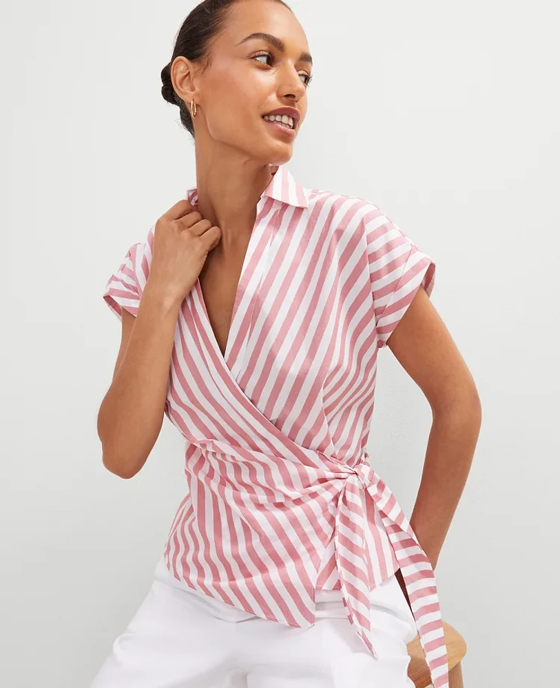 Ann Taylor Striped Collared Tie Waist Top Burnt Mauve Women's