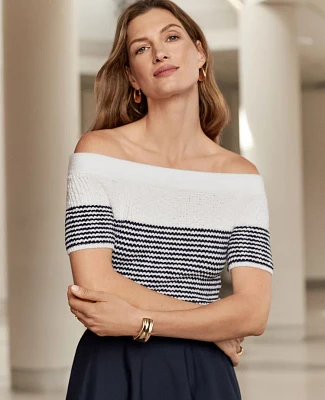 Ann Taylor Textured Off-The-Shoulder Sweater Navy/White Women's