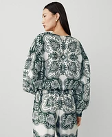 Ann Taylor Tall Paisley Satin Shirred Bubble Top Dried Cilantro Women's